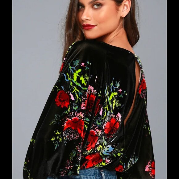 Free People Slouchy Babe Black Floral Print Velvet Bodysuit - Picture 5 of 5